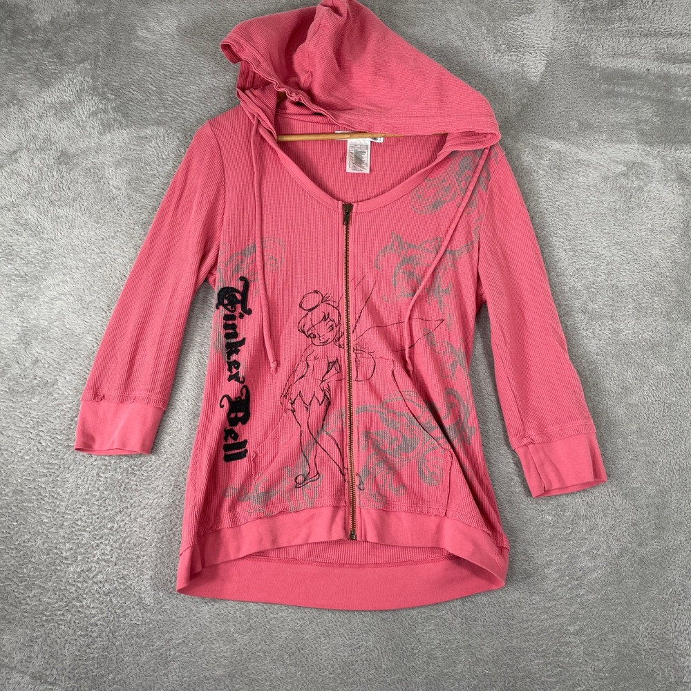 Vintage Disney Tinker Bell Hoodie Womens Large Pink Y2K Waffle Knit Fairycore